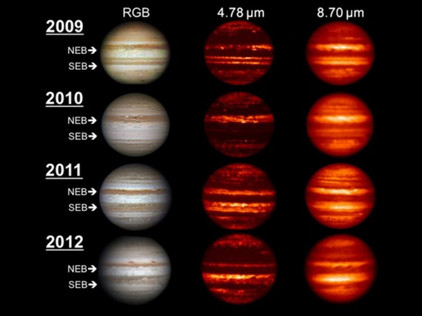Images in the visible-light and infrared parts of the spectrum highlight the massive changes roiling the atmosphere of Jupiter. Image credit: NASA/IRTF/JPL-Caltech/NAOJ/A. Wesley/A. Kazemoto/C. Go Images in the visible-light and infrared parts of the spectrum highlight the massive changes roiling the atmosphere of Jupiter. Image credit: NASA/IRTF/JPL-Caltech/NAOJ/A. Wesley/A. Kazemoto/C. Go