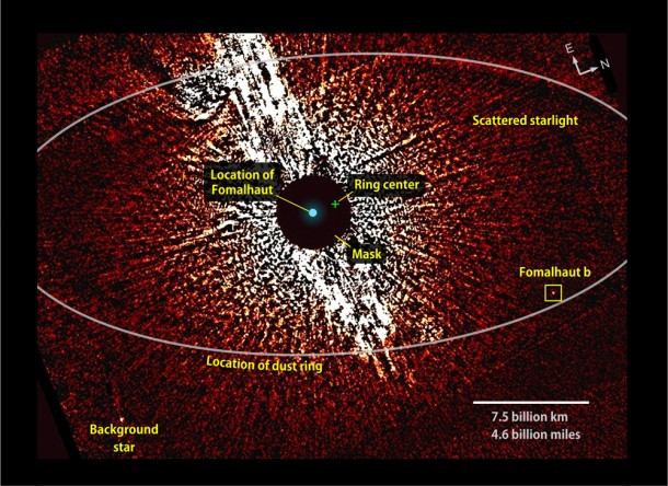 This visible-light image from the Hubble Space Telescope shows the vicinity of the star Fomalhaut, including the location of its dust ring and disputed planet, Fomalhaut b. A coronagraphic mask helped dim the star's brightness. This view combines two 2006 observations that were taken with masks of different sizes (1.8 and 3 arcseconds). (Credit: NASA/ESA/T. Currie, U. Toronto) This visible-light image from the Hubble Space Telescope shows the vicinity of the star Fomalhaut, including the location of its dust ring and disputed planet, Fomalhaut b. A coronagraphic mask helped dim the star's brightness. This view combines two 2006 observations that were taken with masks of different sizes (1.8 and 3 arcseconds). (Credit: NASA/ESA/T. Currie, U. Toronto)