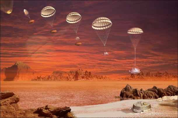 Artist concept showing the descent and landing of Huygens. Image credit: NASA/JPL/ESA 