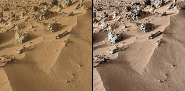 This pair of images from the Mast Camera on NASA's Curiosity rover shows the upper portion of a wind-blown deposit dubbed "Rocknest." The rover team recently commanded Curiosity to take a scoop of soil from a region located out of frame, below this view. The soil was then analyzed with the Chemistry and Mineralogy instrument, or CheMin. Image credit: NASA/JPL-Caltech/MSSS This pair of images from the Mast Camera on NASA's Curiosity rover shows the upper portion of a wind-blown deposit dubbed "Rocknest." The rover team recently commanded Curiosity to take a scoop of soil from a region located out of frame, below this view. The soil was then analyzed with the Chemistry and Mineralogy instrument, or CheMin. Image credit: NASA/JPL-Caltech/MSSS