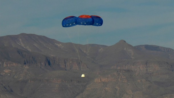 The New Shepard Crew Capsule escaped to an altitude of 2,307 feet before deploying parachutes for a safe return.
