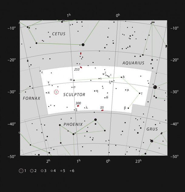 This chart shows the location of the red giant star R Sculptoris in the constellation of Sculptor (The Sculptor). The star itself is marked with a red circle. This chart shows all the stars visible to the unaided eye on a good night. R Sculptoris itself is easily visible in a moderate-sized amateur telescope and its slow variations in brightness can be followed. Credit: ESO, IAU and Sky & Telescope This chart shows the location of the red giant star R Sculptoris in the constellation of Sculptor (The Sculptor). The star itself is marked with a red circle. This chart shows all the stars visible to the unaided eye on a good night. R Sculptoris itself is easily visible in a moderate-sized amateur telescope and its slow variations in brightness can be followed. Credit: ESO, IAU and Sky & Telescope