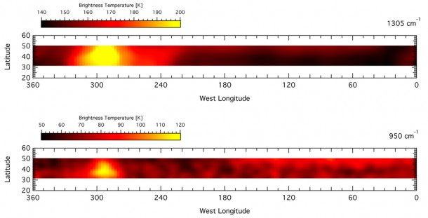 The forceful storm generated unprecedented spikes in temperature and increased amounts of ethylene. In these two sets of measurements taken by Cassini's composite infrared spectrometer, yellow represents the highest temperatures. Each strip maps a single molecule (top: methane, bottom: ethylene), with temperature measurements taken in the northern hemisphere, all the way around the planet. Image credit: NASA/JPL-Caltech/GSFC The forceful storm generated unprecedented spikes in temperature and increased amounts of ethylene. In these two sets of measurements taken by Cassini's composite infrared spectrometer, yellow represents the highest temperatures. Each strip maps a single molecule (top: methane, bottom: ethylene), with temperature measurements taken in the northern hemisphere, all the way around the planet. Image credit: NASA/JPL-Caltech/GSFC