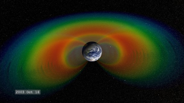 SAMPEX data have provided some of the most useful observations of the Van Allen Belts -- two rings of radiation around Earth. This SAMPEX data shows the belts during what's known as the Halloween Storms in October 2003, a time when the radiation belts around Earth swelled so much that they merged into a single ring. Credit: NASA/Goddard Space Flight Center SAMPEX data have provided some of the most useful observations of the Van Allen Belts -- two rings of radiation around Earth. This SAMPEX data shows the belts during what's known as the Halloween Storms in October 2003, a time when the radiation belts around Earth swelled so much that they merged into a single ring. Credit: NASA/Goddard Space Flight Center