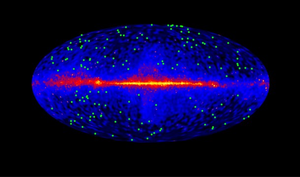 This plot shows the locations of 150 blazars (green dots) used in the EBL study. The background map shows the entire sky and was constructed from four years of gamma rays with energies above 10 billion electron volts (GeV) detected by Fermi. The plane of our Milky Way galaxy runs along the middle of the plot. The Fermi LAT instrument is the first to detect more than 500 sources in this energy range. (Credit: NASA/DOE/Fermi LAT Collaboration) This plot shows the locations of 150 blazars (green dots) used in the EBL study. The background map shows the entire sky and was constructed from four years of gamma rays with energies above 10 billion electron volts (GeV) detected by Fermi. The plane of our Milky Way galaxy runs along the middle of the plot. The Fermi LAT instrument is the first to detect more than 500 sources in this energy range. (Credit: NASA/DOE/Fermi LAT Collaboration)