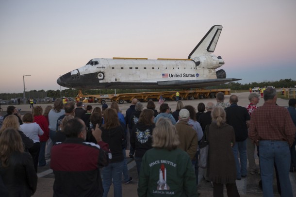 Space shuttle Atlantis on the 76-wheeled orbiter transporter system in October when Atlantis was moved into the Vehicle Assembly Building. The same vehicle will take Atlantis to the Kennedy Space Center Visitor Complex. Image credit: NASA Space shuttle Atlantis on the 76-wheeled orbiter transporter system in October when Atlantis was moved into the Vehicle Assembly Building. The same vehicle will take Atlantis to the Kennedy Space Center Visitor Complex. Image credit: NASA