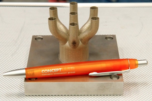 First test piece produced on the M2 Cusing Machine at the Marshall Center. (NASA/MSFC/Andy Hardin) First test piece produced on the M2 Cusing Machine at the Marshall Center. (NASA/MSFC/Andy Hardin)