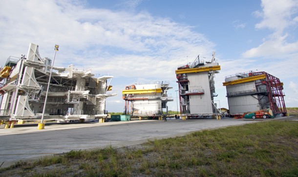 Several large space shuttle-era work platforms have been removed from the VAB and moved outside. Each platform will be demolished and the debris hauled away. Photo credit: NASA/Jim Grossmann Several large space shuttle-era work platforms have been removed from the VAB and moved outside. Each platform will be demolished and the debris hauled away. Photo credit: NASA/Jim Grossmann