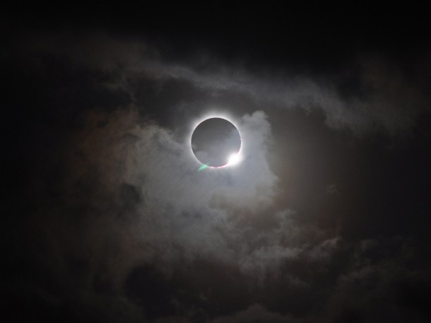 A total solar eclipse was visible from the Northern tip of Australia on Nov. 13, 2012 at 3:35 EST. The light halo visible around the edges of the moon is the sun's atmosphere, the corona. Image courtesy of Romeo Durscher A total solar eclipse was visible from the Northern tip of Australia on Nov. 13, 2012 at 3:35 EST. The light halo visible around the edges of the moon is the sun's atmosphere, the corona. Image courtesy of Romeo Durscher