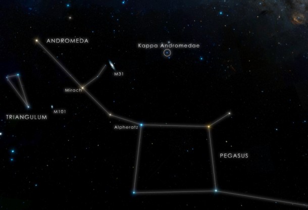 This chart locates the star Kappa Andromedae, which is visible to the unaided eye from suburban skies. Credit: NASA's Goddard Space Flight Center/DSS This chart locates the star Kappa Andromedae, which is visible to the unaided eye from suburban skies. Credit: NASA's Goddard Space Flight Center/DSS