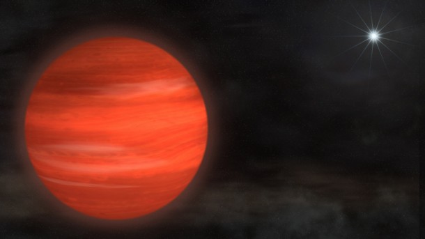 The "super-Jupiter" Kappa Andromedae b, shown here in an artist's rendering, circles its star at nearly twice the distance that Neptune orbits the sun. With a mass about 13 times Jupiter's, the object glows with a reddish color. Credit: NASA's Goddard Space Flight Center/S. Wiessinger The "super-Jupiter" Kappa Andromedae b, shown here in an artist's rendering, circles its star at nearly twice the distance that Neptune orbits the sun. With a mass about 13 times Jupiter's, the object glows with a reddish color. Credit: NASA's Goddard Space Flight Center/S. Wiessinger