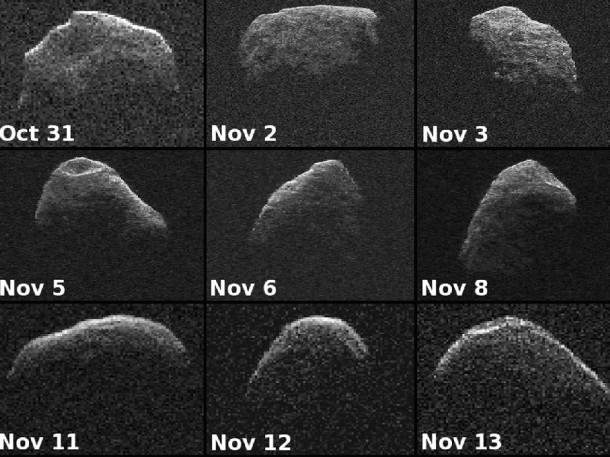 Nine new radar images of near-Earth asteroid 2012 PA8 were obtained between Oct. 31 and Nov. 13, 2012, with data collected by NASA's 230-foot-wide (70-meter) Deep Space Network antenna at Goldstone, Calif. Image credit: NASA/JPL-Caltech Nine new radar images of near-Earth asteroid 2012 PA8 were obtained between Oct. 31 and Nov. 13, 2012, with data collected by NASA's 230-foot-wide (70-meter) Deep Space Network antenna at Goldstone, Calif. Image credit: NASA/JPL-Caltech