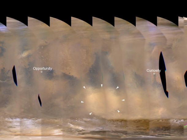 A regional dust storm visible in the southern hemisphere of Mars in this nearly global mosaic of observations made by the Mars Color Imager on NASA's Mars Reconnaissance Orbiter on Nov. 25, 2012, has contracted from its size a week earlier. Image credit: NASA/JPL-Caltech/MSSS A regional dust storm visible in the southern hemisphere of Mars in this nearly global mosaic of observations made by the Mars Color Imager on NASA's Mars Reconnaissance Orbiter on Nov. 25, 2012, has contracted from its size a week earlier. Image credit: NASA/JPL-Caltech/MSSS