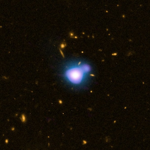 X-ray jet from quasar GB 1428, located 12.4 billion light years from Earth. (X-ray: NASA/CXC/NRC/C.Cheung et al; Optical: NASA/STScI; Radio: NSF/NRAO/VLA) X-ray jet from quasar GB 1428, located 12.4 billion light years from Earth. (X-ray: NASA/CXC/NRC/C.Cheung et al; Optical: NASA/STScI; Radio: NSF/NRAO/VLA)