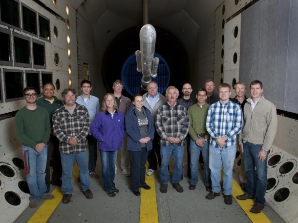 Members of the Aeroelasticity Branch of NASA's Langley Research Center who tested the ten-foot-long buffet model of the Space Launch System in Langley's Transonic Dynamics Tunnel. (NASA/LaRC) Members of the Aeroelasticity Branch of NASA's Langley Research Center who tested the ten-foot-long buffet model of the Space Launch System in Langley's Transonic Dynamics Tunnel. (NASA/LaRC)