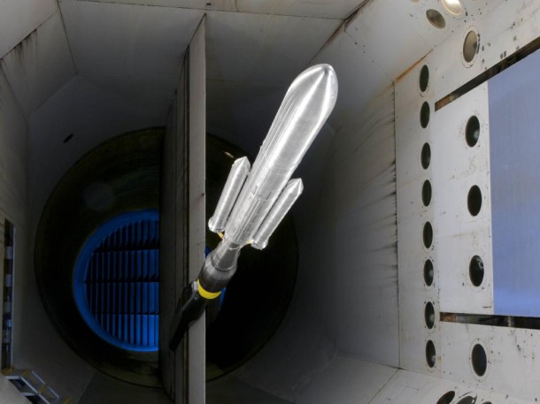 NASA's Space Launch System buffet model in NASA's Langley Researcher Center's Transonic Dynamics Tunnel. The SLS is America's next heavy-lift launch vehicle that will provide an entirely new capability for science and human exploration beyond Earth's orbit. (NASA/LaRC) NASA's Space Launch System buffet model in NASA's Langley Researcher Center's Transonic Dynamics Tunnel. The SLS is America's next heavy-lift launch vehicle that will provide an entirely new capability for science and human exploration beyond Earth's orbit. (NASA/LaRC)