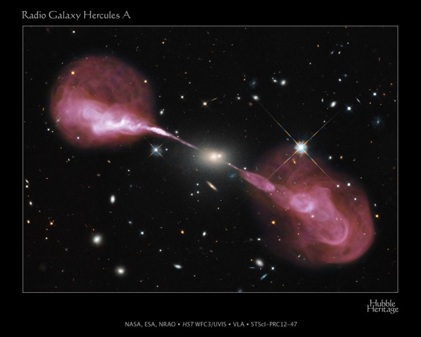 Spectacular jets powered by the gravitational energy of a super massive black hole in the core of the elliptical galaxy Hercules A illustrate the combined imaging power of two of astronomy's cutting-edge tools, the Hubble Space Telescope's Wide Field Camera 3, and the recently upgraded Karl G. Jansky Very Large Array (VLA) radio telescope in New Mexico. Credit: NASA, ESA, S. Baum and C. O'Dea (RIT), R. Perley and W. Cotton (NRAO/AUI/NSF), and the Hubble Heritage Team (STScI/AURA) Spectacular jets powered by the gravitational energy of a super massive black hole in the core of the elliptical galaxy Hercules A illustrate the combined imaging power of two of astronomy's cutting-edge tools, the Hubble Space Telescope's Wide Field Camera 3, and the recently upgraded Karl G. Jansky Very Large Array (VLA) radio telescope in New Mexico. Credit: NASA, ESA, S. Baum and C. O'Dea (RIT), R. Perley and W. Cotton (NRAO/AUI/NSF), and the Hubble Heritage Team (STScI/AURA)