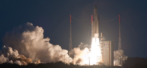 Ariane 5 begins its on-target mission to deploy EUTELSAT 21B and Star One C3, ascending from the Spaceport just before sunset. Ariane 5 begins its on-target mission to deploy EUTELSAT 21B and Star One C3, ascending from the Spaceport just before sunset.