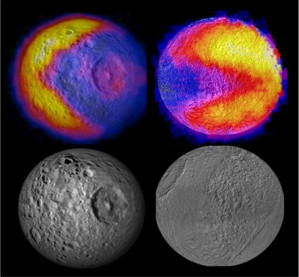 Scientists with NASA's Cassini mission have spotted two features shaped like the 1980s video game icon "Pac-Man" on moons of Saturn. One was observed on the moon Mimas in 2010 and the latest was observed on the moon Tethys. Image credit: NASA/JPL-Caltech/GSFC/SWRI Scientists with NASA's Cassini mission have spotted two features shaped like the 1980s video game icon "Pac-Man" on moons of Saturn. One was observed on the moon Mimas in 2010 and the latest was observed on the moon Tethys. Image credit: NASA/JPL-Caltech/GSFC/SWRI