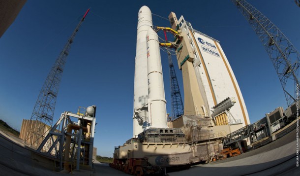 Ariane 5 is shown in the ELA-3 launch zone prior to its liftoff on a successful flight that orbited EUTELSAT 21B and Star One C3. Ariane 5 is shown in the ELA-3 launch zone prior to its liftoff on a successful flight that orbited EUTELSAT 21B and Star One C3.