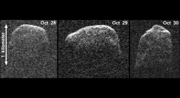 This composite image of asteroid 2007 PA8 was obtained using data taken by NASA's 230-foot-wide (70-meter) Deep Space Network antenna at Goldstone, Calif. The composite incorporates images generated from data collected at Goldstone on Oct. 28, 29, and 30, 2012. Image credit: NASA/JPL-Caltech/Gemini This composite image of asteroid 2007 PA8 was obtained using data taken by NASA's 230-foot-wide (70-meter) Deep Space Network antenna at Goldstone, Calif. The composite incorporates images generated from data collected at Goldstone on Oct. 28, 29, and 30, 2012. Image credit: NASA/JPL-Caltech/Gemini
