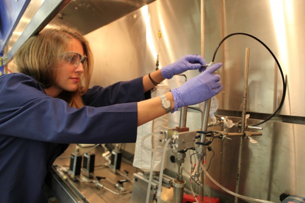 Anne Caraccio works on an earlier model of the trash-to-gas reactor in a lab at Kennedy. Image credit: NASA/Dmitri Gerondidakis Anne Caraccio works on an earlier model of the trash-to-gas reactor in a lab at Kennedy. Image credit: NASA/Dmitri Gerondidakis