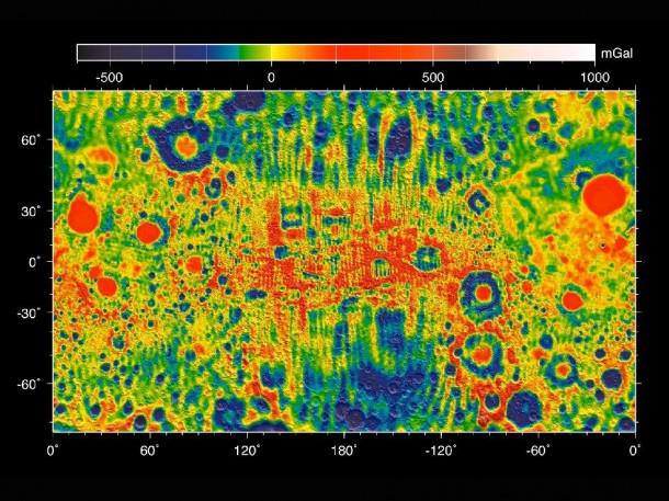 This map shows the gravity field of the moon from the Lunar Prospector mission. The viewing perspective, known as a Mercator projection, shows the far side of the moon in the center and the nearside (as viewed from Earth) at either side. Image credit: NASA/ARC/MIT This map shows the gravity field of the moon from the Lunar Prospector mission. The viewing perspective, known as a Mercator projection, shows the far side of the moon in the center and the nearside (as viewed from Earth) at either side. Image credit: NASA/ARC/MIT
