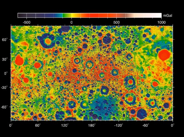 This map shows the gravity field of the moon as measured by NASA's GRAIL mission. The viewing perspective, known as a Mercator projection, shows the far side of the moon in the center and the nearside (as viewed from Earth) at either side. Image credit: NASA/ARC/MIT This map shows the gravity field of the moon as measured by NASA's GRAIL mission. The viewing perspective, known as a Mercator projection, shows the far side of the moon in the center and the nearside (as viewed from Earth) at either side. Image credit: NASA/ARC/MIT