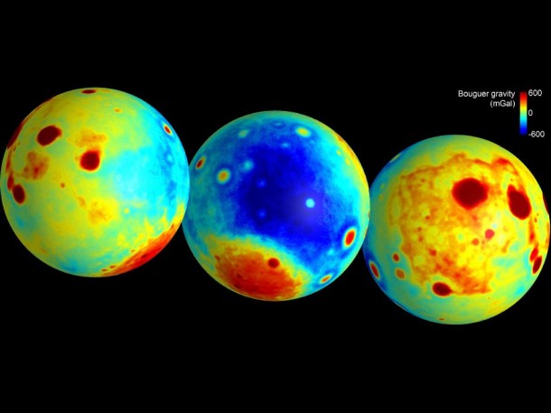 These maps of the moon show the "Bouguer" gravity anomalies as measured by NASA's GRAIL mission. Image credit: NASA/JPL-Caltech/CSM These maps of the moon show the "Bouguer" gravity anomalies as measured by NASA's GRAIL mission. Image credit: NASA/JPL-Caltech/CSM