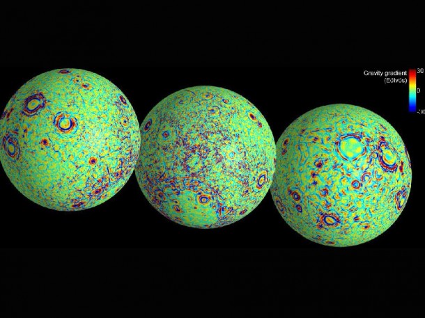 These maps of the near and far side of the moon show gravity gradients as measured by NASA's GRAIL mission. Image credit: NASA/JPL-Caltech/CSM These maps of the near and far side of the moon show gravity gradients as measured by NASA's GRAIL mission. Image credit: NASA/JPL-Caltech/CSM