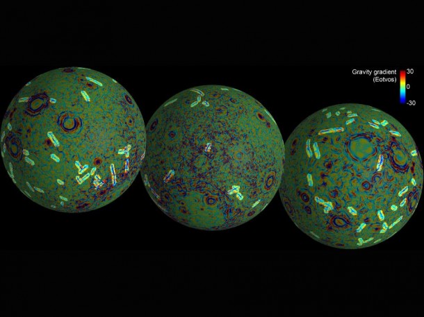 These maps of the near and far side of the moon show the gravity gradients as measured by NASA's GRAIL mission, highlighting a population of linear gravity anomalies. Image credit: NASA/JPL-Caltech/CSM These maps of the near and far side of the moon show the gravity gradients as measured by NASA's GRAIL mission, highlighting a population of linear gravity anomalies. Image credit: NASA/JPL-Caltech/CSM
