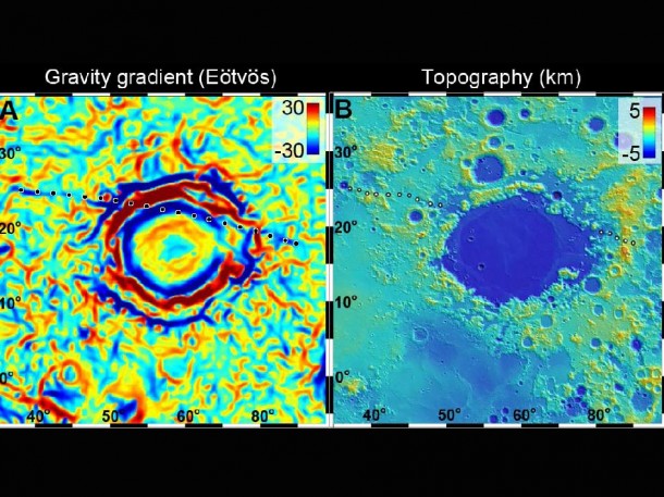 A linear gravity anomaly intersecting the Crisium basin on the nearside of the moon has been revealed by NASA's GRAIL mission. Image credit: NASA/JPL-Caltech/CSM A linear gravity anomaly intersecting the Crisium basin on the nearside of the moon has been revealed by NASA's GRAIL mission. Image credit: NASA/JPL-Caltech/CSM