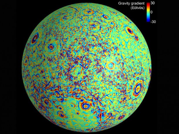 This moon map shows the gravity gradients calculated by NASA's GRAIL mission. Red and blue correspond to stronger gravity gradients. Image credit: NASA/JPL-Caltech/CSM This moon map shows the gravity gradients calculated by NASA's GRAIL mission. Red and blue correspond to stronger gravity gradients. Image credit: NASA/JPL-Caltech/CSM