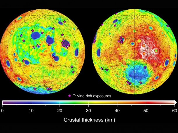 This graphic depicting the crustal thickness of the moon was generated using gravity data from NASA's GRAIL mission and topography data from NASA's Lunar Reconnaissance Orbiter. Image Credit: NASA/JPL-Caltech/ IPGP This graphic depicting the crustal thickness of the moon was generated using gravity data from NASA's GRAIL mission and topography data from NASA's Lunar Reconnaissance Orbiter. Image Credit: NASA/JPL-Caltech/ IPGP