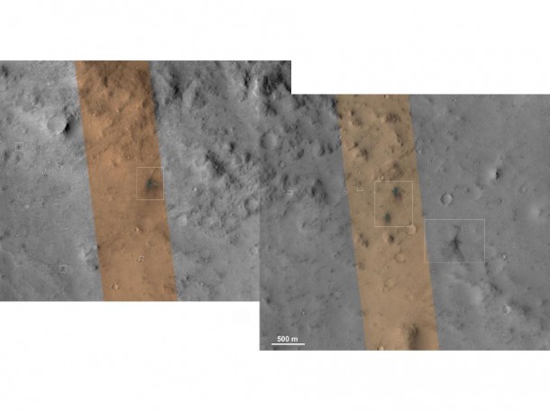 These images from the NASA Mars Reconnaissance Orbiter show several impact scars on Mars made by pieces of the NASA Mars Science Laboratory spacecraft that the spacecraft shed just before entering the Martian atmosphere. Image credit: NASA/JPL-Caltech/Univ. of Arizona These images from the NASA Mars Reconnaissance Orbiter show several impact scars on Mars made by pieces of the NASA Mars Science Laboratory spacecraft that the spacecraft shed just before entering the Martian atmosphere. Image credit: NASA/JPL-Caltech/Univ. of Arizona