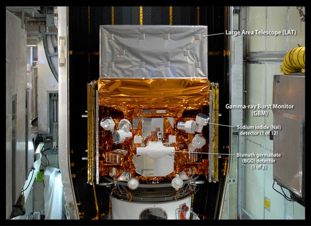 This photograph, taken in May 2008 as the Fermi Gamma-ray Space Telescope was being readied for launch, highlights the detectors of the spacecraft's Gamma-ray Burst Monitor (GBM). The GBM is an array of 14 crystal detectors designed for transient lower-energy gamma-ray outbursts, such as TGFs. Credit: NASA/Jim Grossmann This photograph, taken in May 2008 as the Fermi Gamma-ray Space Telescope was being readied for launch, highlights the detectors of the spacecraft's Gamma-ray Burst Monitor (GBM). The GBM is an array of 14 crystal detectors designed for transient lower-energy gamma-ray outbursts, such as TGFs. Credit: NASA/Jim Grossmann