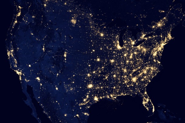 This image of the continental United States at night is a composite assembled from data acquired by the Suomi NPP satellite in April and October 2012. The image was made possible by the satellite's "day-night band" of the Visible Infrared Imaging Radiometer Suite (VIIRS), which detects light in a range of wavelengths from green to near-infrared and uses filtering techniques to observe dim signals such as city lights, gas flares, auroras, wildfires and reflected moonlight. Credit: NASA Earth Observatory/NOAA NGDC This image of the continental United States at night is a composite assembled from data acquired by the Suomi NPP satellite in April and October 2012. The image was made possible by the satellite's "day-night band" of the Visible Infrared Imaging Radiometer Suite (VIIRS), which detects light in a range of wavelengths from green to near-infrared and uses filtering techniques to observe dim signals such as city lights, gas flares, auroras, wildfires and reflected moonlight. Credit: NASA Earth Observatory/NOAA NGDC