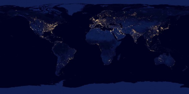 Composite map of the world assembled from data acquired by the Suomi NPP satellite in April and October 2012. Credit: NASA Earth Observatory/NOAA NGDC Composite map of the world assembled from data acquired by the Suomi NPP satellite in April and October 2012. Credit: NASA Earth Observatory/NOAA NGDC