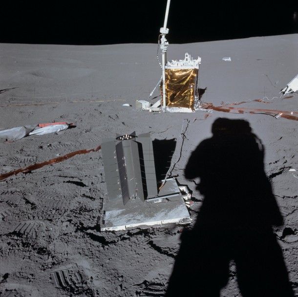 An Apollo 14 astronaut deploys the Apollo Lunar Surface Experiments Package's power source (foreground) and "Central Station" (background), where the Lunar Dust Detector was mounted. Credit: NASA/JSC An Apollo 14 astronaut deploys the Apollo Lunar Surface Experiments Package's power source (foreground) and "Central Station" (background), where the Lunar Dust Detector was mounted. Credit: NASA/JSC