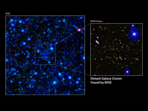 A galaxy cluster 7.7 billion light-years away has been discovered using infrared data from NASA's Wide-field Infrared Survey Explorer (WISE). Image credit: NASA/JPL-Caltech/UCLA/WIYN/Subaru A galaxy cluster 7.7 billion light-years away has been discovered using infrared data from NASA's Wide-field Infrared Survey Explorer (WISE). Image credit: NASA/JPL-Caltech/UCLA/WIYN/Subaru