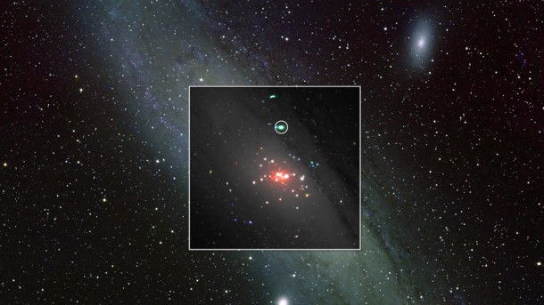 This image composites XMM-Newton X-ray data onto an optical view of the Andromeda galaxy; the ULX is circled. Colors in the XMM image correspond to different X-ray energies: 0.2 to 1 keV (red), 1 to 2 keV (green) and 2 to 4.5 keV (blue). Credit (background): Bill Schoening, Vanessa Harvey/REU program/NOAO/AURA/NSF Credit (inset): ESA/M. Middleton et al. This image composites XMM-Newton X-ray data onto an optical view of the Andromeda galaxy; the ULX is circled. Colors in the XMM image correspond to different X-ray energies: 0.2 to 1 keV (red), 1 to 2 keV (green) and 2 to 4.5 keV (blue). Credit (background): Bill Schoening, Vanessa Harvey/REU program/NOAO/AURA/NSF Credit (inset): ESA/M. Middleton et al.