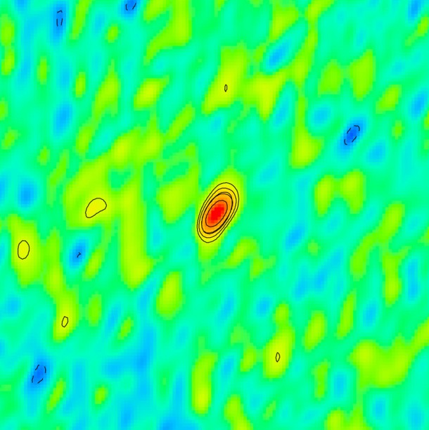The ULX's radio-emitting jet (center) is unresolved in this image constructed from Very Long Baseline Array data. Each side of the image is 20 milliarcseconds across, or about the width of a human hair seen from a distance of half a mile. Credit: NRAO/M. Middleton et al. The ULX's radio-emitting jet (center) is unresolved in this image constructed from Very Long Baseline Array data. Each side of the image is 20 milliarcseconds across, or about the width of a human hair seen from a distance of half a mile. Credit: NRAO/M. Middleton et al.