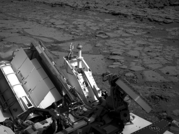 The NASA Mars rover Curiosity used its left Navigation Camera to record this view of the step down into a shallow depression called "Yellowknife Bay." Image credit: NASA/JPL-Caltech The NASA Mars rover Curiosity used its left Navigation Camera to record this view of the step down into a shallow depression called "Yellowknife Bay." Image credit: NASA/JPL-Caltech