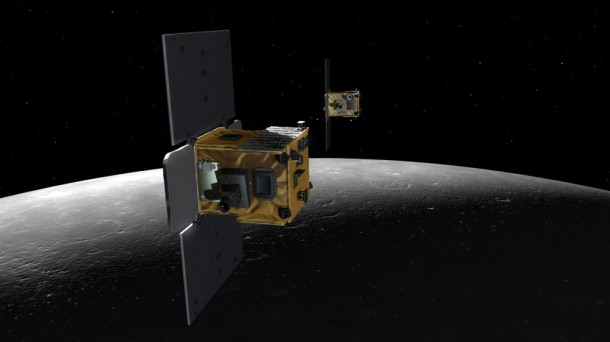 An artist's depiction of the GRAIL twins (Ebb and Flow) in lunar orbit. During GRAIL's prime mission science phase, the two spacecraft will orbit the moon as high as 31 miles (51 kilometers) and as low as 10 miles (16 kilometers). Image credit: NASA/Caltech-JPL/MIT An artist's depiction of the GRAIL twins (Ebb and Flow) in lunar orbit. During GRAIL's prime mission science phase, the two spacecraft will orbit the moon as high as 31 miles (51 kilometers) and as low as 10 miles (16 kilometers). Image credit: NASA/Caltech-JPL/MIT