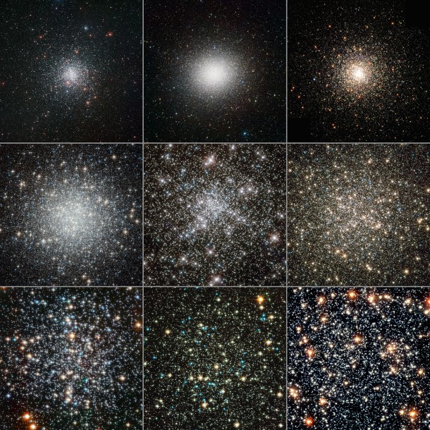 This collage shows a range of globular clusters, which were studied using Hubble and the MPG/ESO 2.2-metre telescope at ESO's La Silla Observatory in Chile. The data show that, despite all forming at roughly the same time, the clusters have aged at dramatically different rates, with heavier stars sinking to the centres of the clusters in a process similar to sedimentation. Top row: Messier 4 (ESO), Omega Centauri (ESO), Messier 80 (Hubble) Middle row: Messier 53 (Hubble), NGC 6752 (Hubble), Messier 13 (Hubble) Bottom row: Messier 4 (Hubble), NGC 288 (Hubble), 47 Tucanae (Hubble) Credit: M 4: ESO. Omega Cen: ESO/INAF-VST/OmegaCAM. M 80: The Hubble Heritage Team (AURA/STScI/NASA/ESA). M 53: ESA/Hubble & NASA. NGC 6752: ESA/Hubble & NASA. M 13: NASA, ESA, and the Hubble Heritage Team (STScI/AURA). M 4: ESA/Hubble & NASA. NGC 288: ESA/Hubble & NASA. 47 Tuc: NASA, ESA, and G. Meylan (École Polytechnique Federale de Lausanne). This collage shows a range of globular clusters, which were studied using Hubble and the MPG/ESO 2.2-metre telescope at ESO's La Silla Observatory in Chile. The data show that, despite all forming at roughly the same time, the clusters have aged at dramatically different rates, with heavier stars sinking to the centres of the clusters in a process similar to sedimentation. Top row: Messier 4 (ESO), Omega Centauri (ESO), Messier 80 (Hubble) Middle row: Messier 53 (Hubble), NGC 6752 (Hubble), Messier 13 (Hubble) Bottom row: Messier 4 (Hubble), NGC 288 (Hubble), 47 Tucanae (Hubble) Credit: M 4: ESO. Omega Cen: ESO/INAF-VST/OmegaCAM. M 80: The Hubble Heritage Team (AURA/STScI/NASA/ESA). M 53: ESA/Hubble & NASA. NGC 6752: ESA/Hubble & NASA. M 13: NASA, ESA, and the Hubble Heritage Team (STScI/AURA). M 4: ESA/Hubble & NASA. NGC 288: ESA/Hubble & NASA. 47 Tuc: NASA, ESA, and G. Meylan (École Polytechnique Federale de Lausanne).