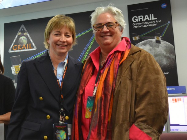 GRAIL principal investigator Maria Zuber (left) and Bear Ride, the sister of late astronaut Sally Ride, appear together after the GRAIL twin spacecraft successfully complete their mission and impact the moon. Image credit: NASA/JPL-Caltech GRAIL principal investigator Maria Zuber (left) and Bear Ride, the sister of late astronaut Sally Ride, appear together after the GRAIL twin spacecraft successfully complete their mission and impact the moon. Image credit: NASA/JPL-Caltech