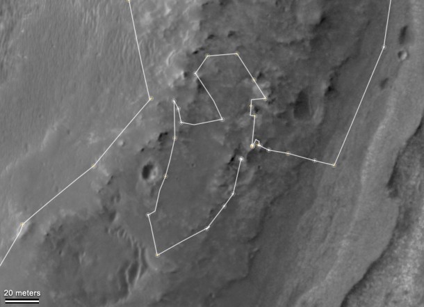 This map shows the route driven by NASA's Mars Exploration Rover Opportunity during a reconnaissance circuit around an area of interest called "Matijevic Hill" on the rim of a large crater. Image credit: NASA/JPL-Caltech/University of Arizona This map shows the route driven by NASA's Mars Exploration Rover Opportunity during a reconnaissance circuit around an area of interest called "Matijevic Hill" on the rim of a large crater. Image credit: NASA/JPL-Caltech/University of Arizona