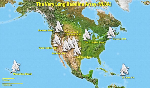 The Very Long Baseline Array is a system of ten radio telescopes spanning 5,500 miles that work together as the world's largest dedicated astronomical instrument. Each station consists of an 82-foot-diameter, 240-ton dish antenna and an adjacent control building. Credit: NASA's Goddard Space Flight Center The Very Long Baseline Array is a system of ten radio telescopes spanning 5,500 miles that work together as the world's largest dedicated astronomical instrument. Each station consists of an 82-foot-diameter, 240-ton dish antenna and an adjacent control building. Credit: NASA's Goddard Space Flight Center
