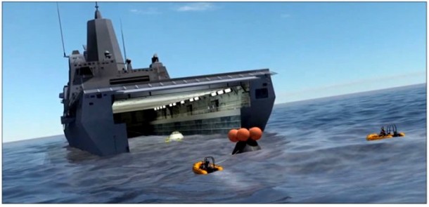In this artist's concept, U.S. Navy boat teams have attached a line from inside the well deck of the landing platform-dock ship (LPD)to start pulling in the Orion crew module. Lines from small boats will also be attached to bring the capsule inside the stern of the LPD. Image credit: NASA In this artist's concept, U.S. Navy boat teams have attached a line from inside the well deck of the landing platform-dock ship (LPD)to start pulling in the Orion crew module. Lines from small boats will also be attached to bring the capsule inside the stern of the LPD. Image credit: NASA