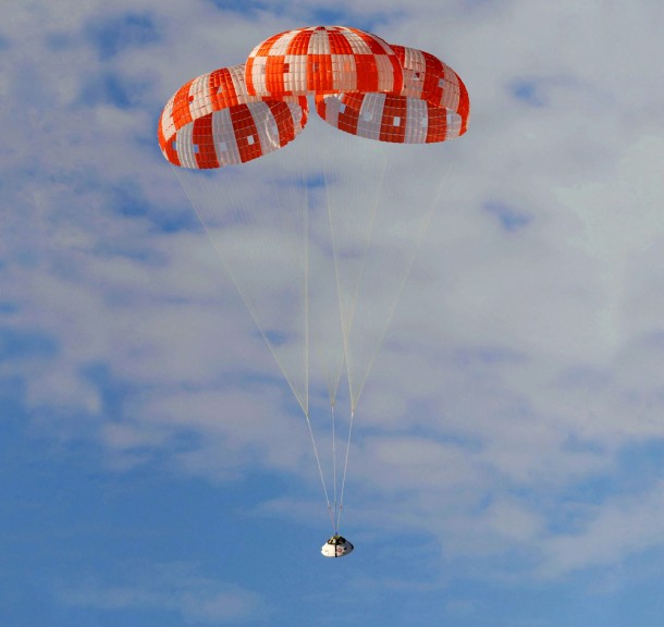 The Orion parachutes have been through a series of tests at the U.S. Army Yuma Army Proving Grounds in southwestern Arizona. In July, a C-17 plane dropped a test version of the spacecraft from an altitude of 25,000 feet using an Orion craft that mimics the full size and shape of the crew module. Photo credit: NASA The Orion parachutes have been through a series of tests at the U.S. Army Yuma Army Proving Grounds in southwestern Arizona. In July, a C-17 plane dropped a test version of the spacecraft from an altitude of 25,000 feet using an Orion craft that mimics the full size and shape of the crew module. Photo credit: NASA